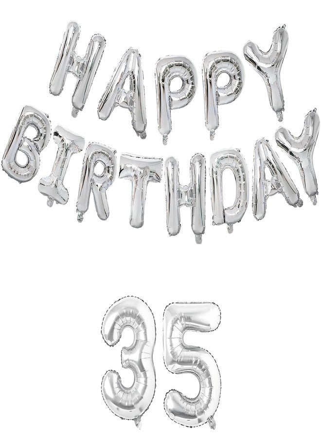 Flyloons 35th Silver Colour Happy Birthday Foil Balloon Set for 35 Year Old Boys Girls Men Women|Number Thirty-five|13 Letters Reusable Happy Birthday Metallic Foil Balloons Decoration Kit, 15 Pieces - Image 1
